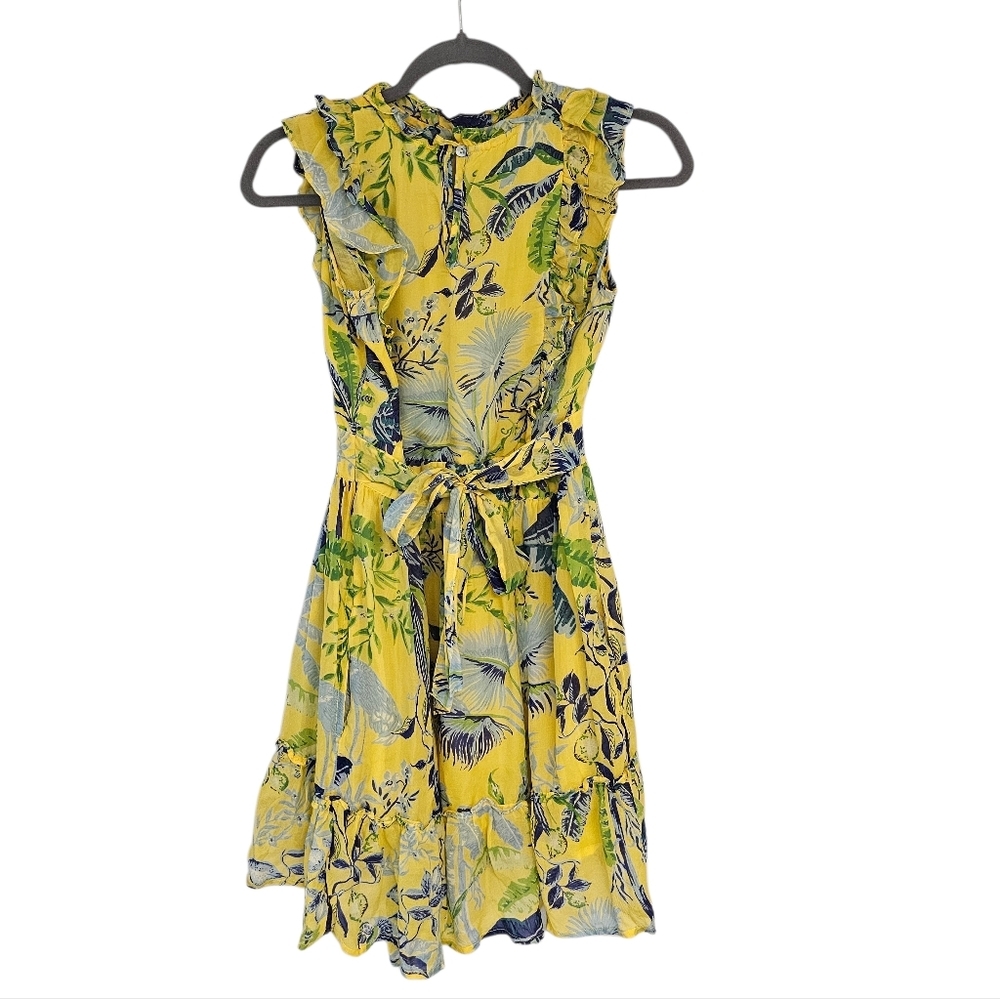 Banjanan 100% Silk Tropical Ruffle Floral Yellow Mini Dress Small Preowned - Picture 8 of 11